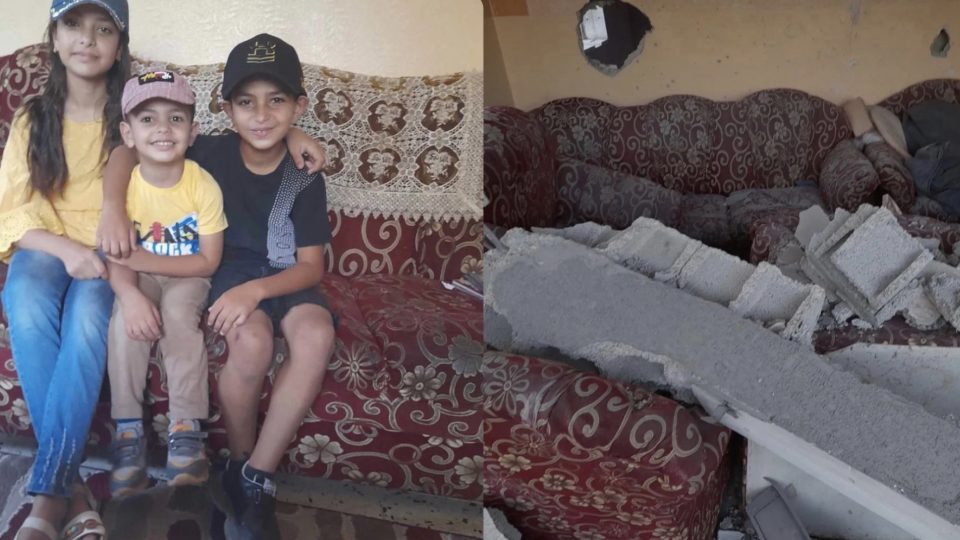 Ziad's children on the sofa at home before, and the same room after it was destroyed